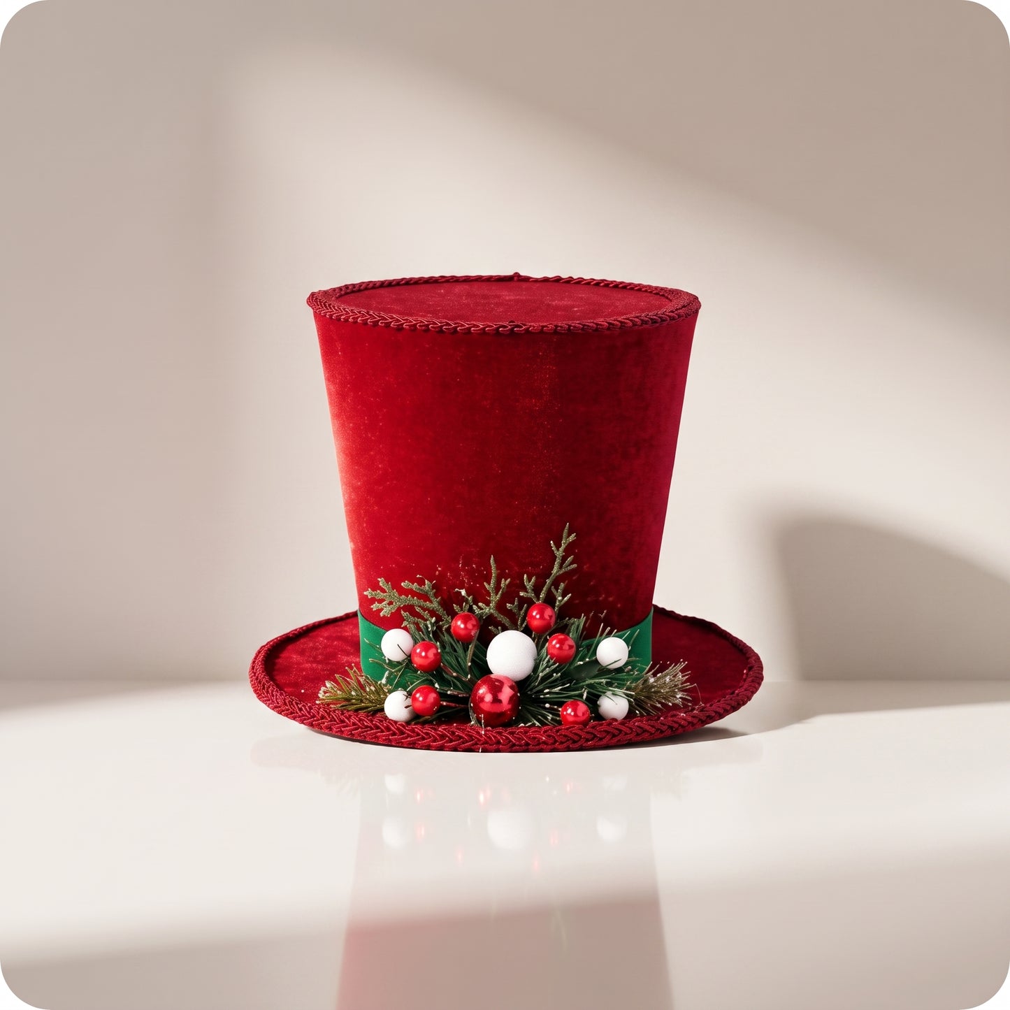 Sombrero de copa de acebo pino rojo y esferas blancas