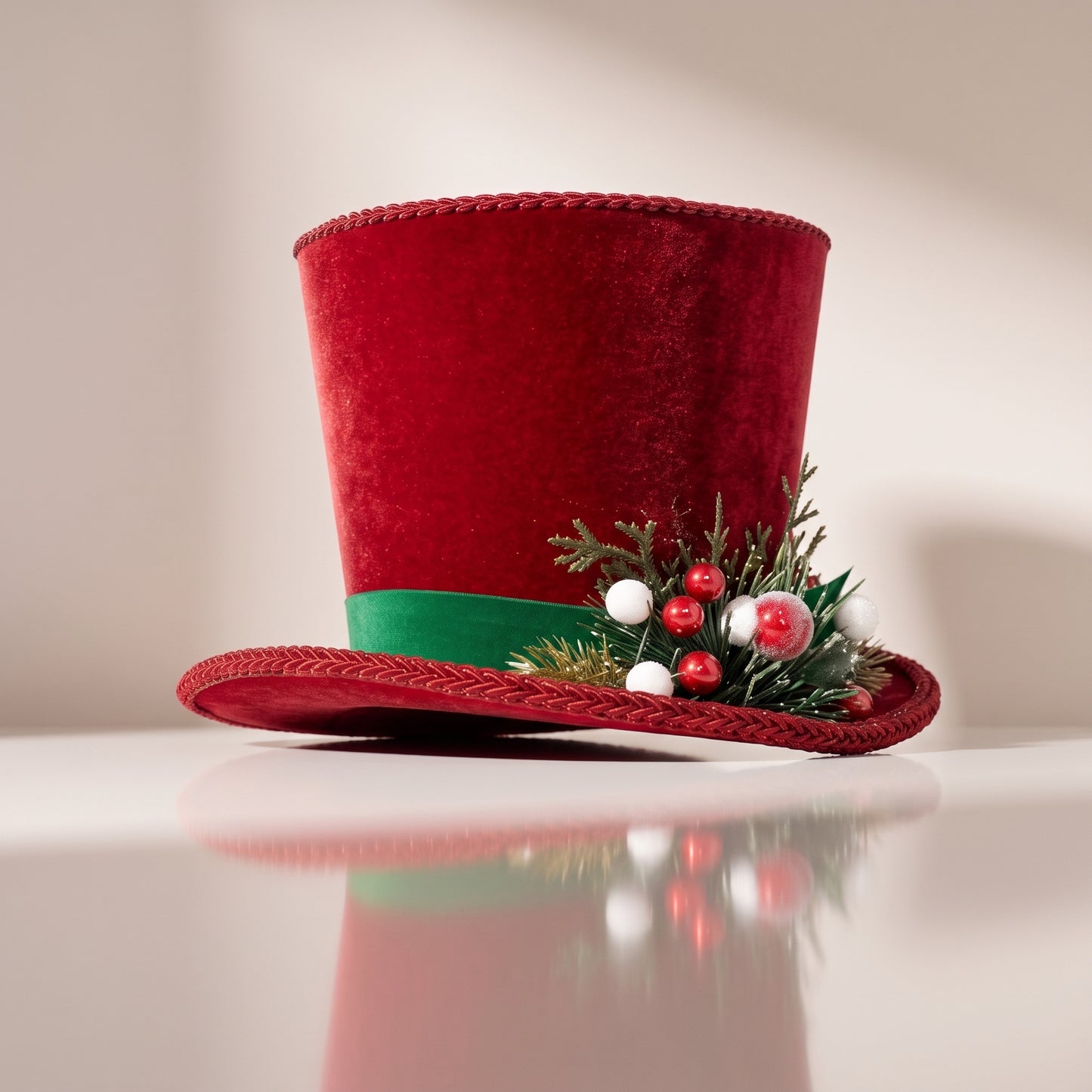 Sombrero de copa de acebo pino rojo y esferas blancas
