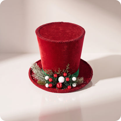 Sombrero de copa de acebo pino rojo y esferas blancas