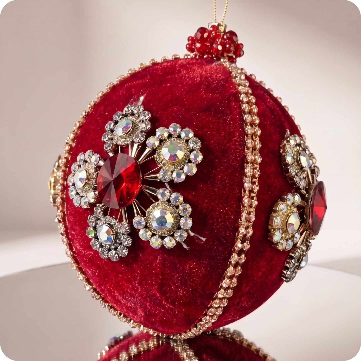 Esfera roja con flor de diamante terciopelo rojo arreglo oro